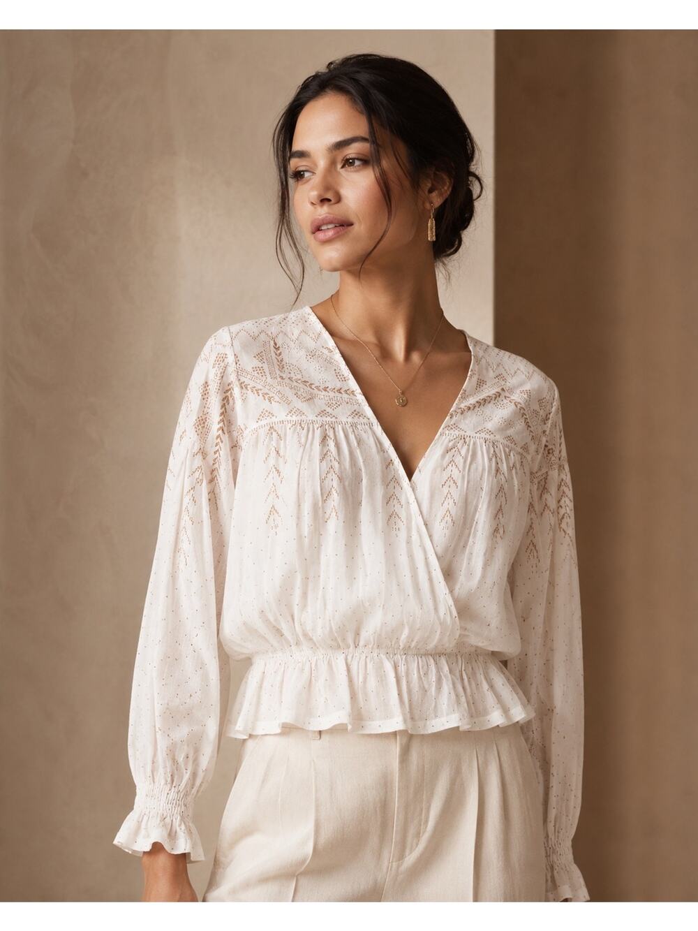 FREE PEOPLE Womens XS 100% Cotton V Neck Peplum Glitter Peasant Poet Blouse